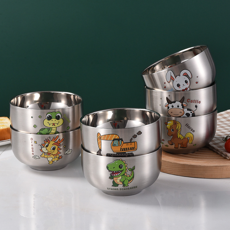 Cartoon Cute Kidsren's Stainless Steel Bowl Food Grade Zodiac Baby Insulated Double-Layer Household Eating Bowl E18