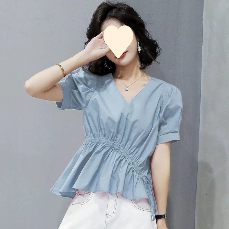 Shirt Women's 2025 New Summer Puff Sleeve Top Design Niche Short-Sleeved Elastic Waist White Shirt Shirt Women's 2025 New Summer Puff Sleeve Top Design Niche Short-Sleeved Elastic Waist White Shirt