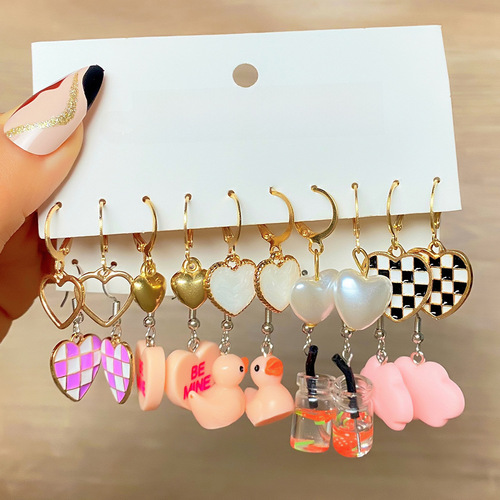 Mushang Cross-border New Children's Earrings Set for Girls Cartoon Resin Oil Drop Earrings Earring Set of 5 Pieces for Wholesale