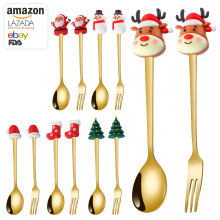 不锈钢勺子叉子套装咖啡店圣诞卡通雪人公仔调羹勺甜品勺叉水果叉