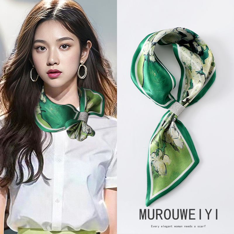 (스트리머) 다크그린 반고흐 유화 작은귀스카프 13*75cm