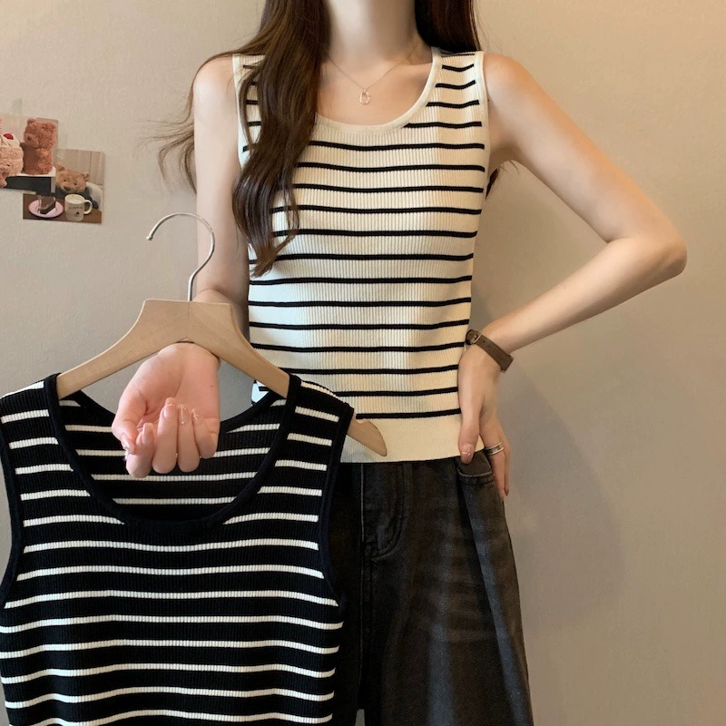 Полосатый трикотажный нижний камзол жилет женский внутренний стиль 2025 весна и осень новый большой размер толстый мм живот тонкий топ летом