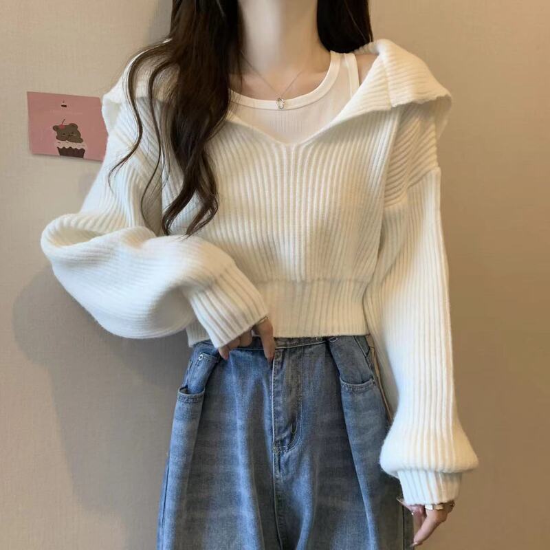 韩版纯色海军领毛上衣女韩系宽松慵懒风简约外穿套头短款针织套装|undefined