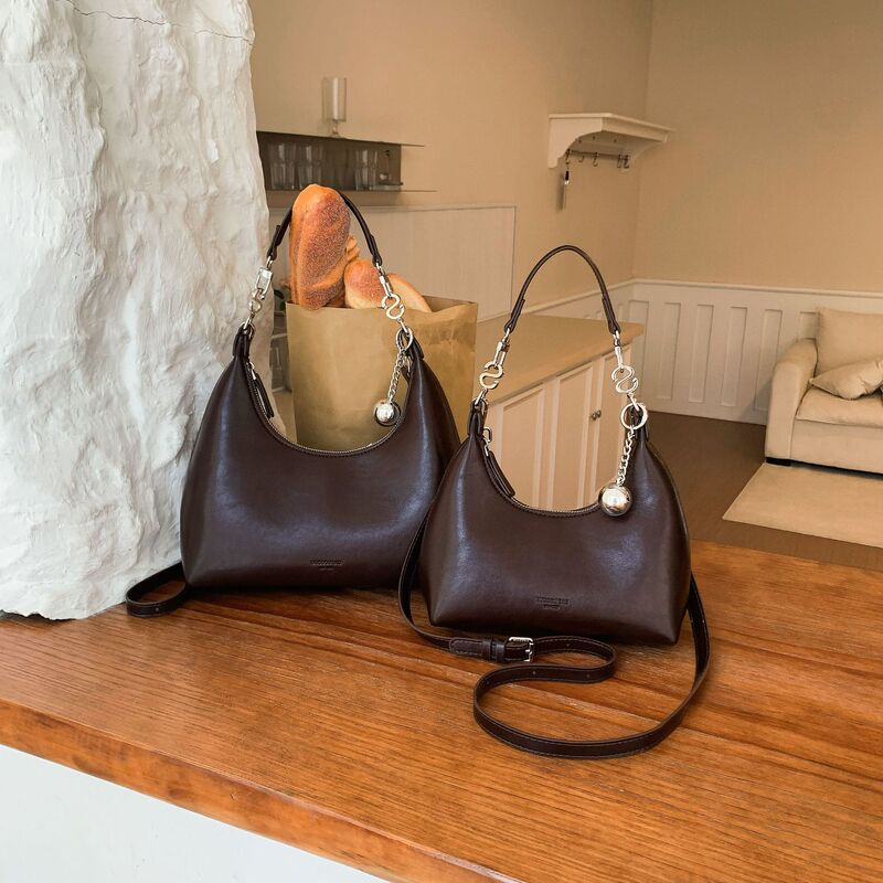Fashionable oil wax leather versatile handbag, niche retro casual simple crossbody bag, French-style trendy dumpling bag Fashionable oil wax leather versatile handbag, niche retro casual simple crossbody bag, French-style trendy dumpling bag