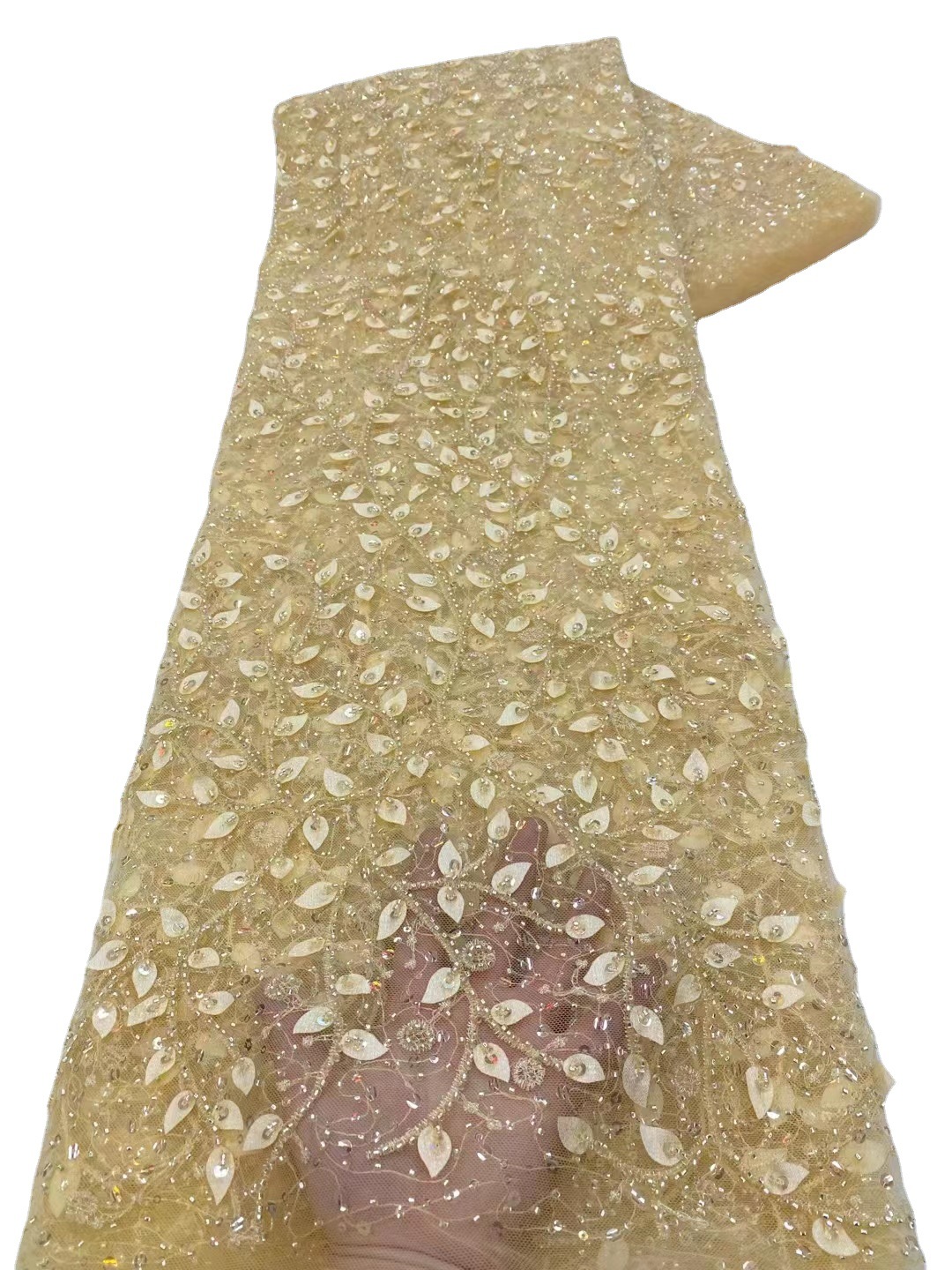 Encaje nuevo encaje de malla de lentejuelas bordado tela 3D hojas tridimensional flor tul moda vestido de novia tela JX3450