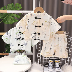 中國風兒童夏裝廠家批發2024夏季新款男女童盤扣開衫短袖兩件套潮