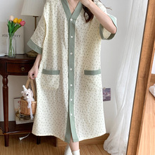 棉质 夏季短袖月子服纱布绉布双层产后孕妇睡衣家居裙哺乳裙