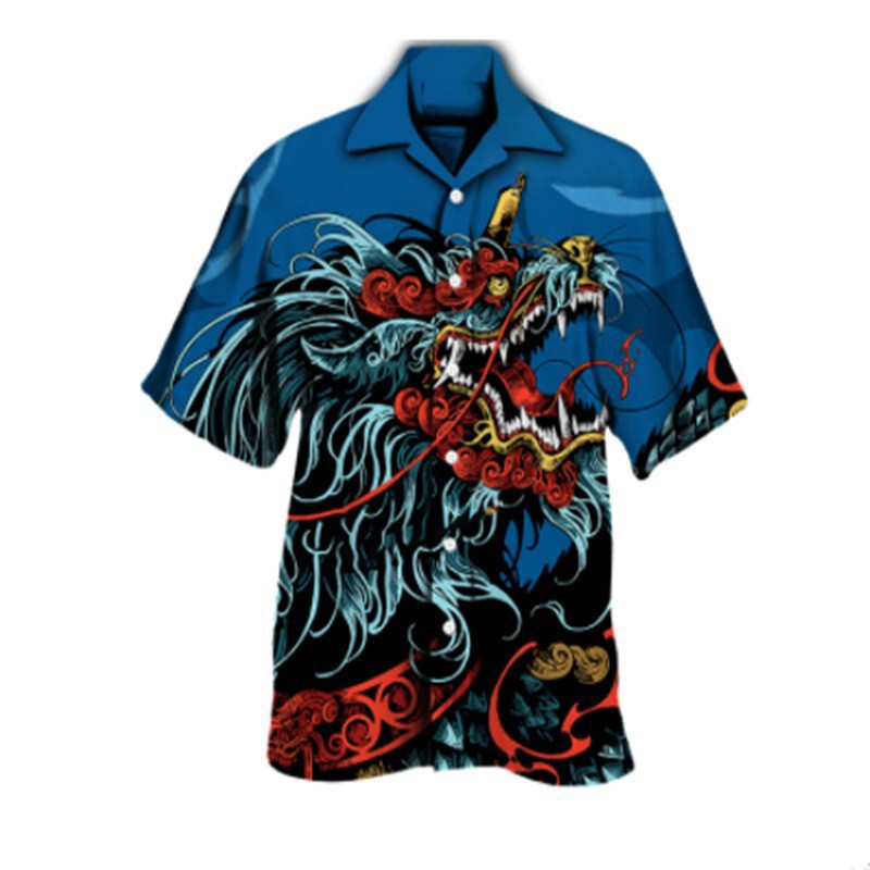 Foreign Trade Summer New Men's Retro Stylish Dragon Tiger Pattern 3D Printed Shirt Casual Short-Sleeved Shirt