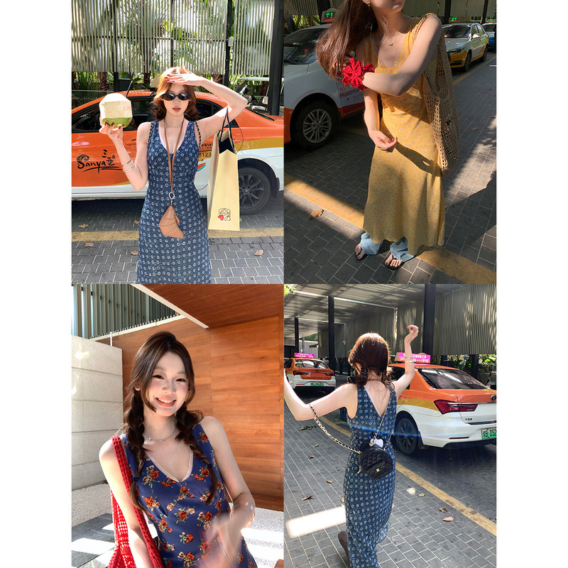 Im to Milos Travel Diary~ V-Neck Organza Patchwork Waist-Cinching Floral Dress Women's Sleeveless Tank Dress Fashion