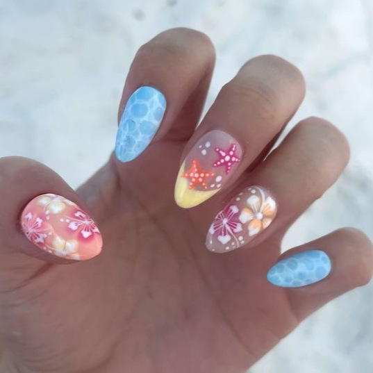 Pink and Yellow Colorful Flower Nail Art Pieces, Summer Blue Simple French Nail Pieces, Beach Starfish Cross-Border Wearable Nail Pieces