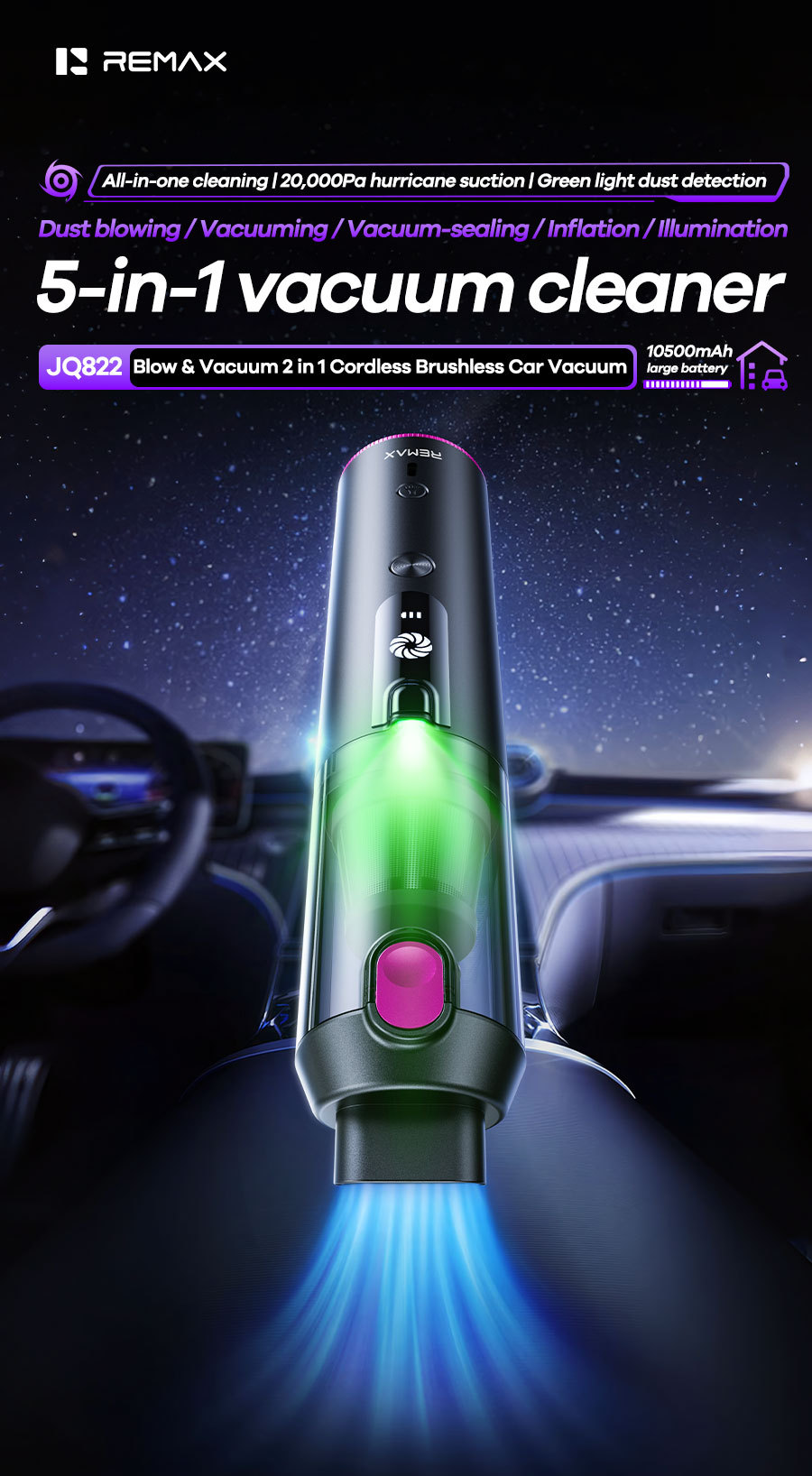 REMAX Rui Liang car-mounted, cordless, brushless vacuum cleaner with integrated blowing and suction functions, featuring a built-in light and long battery life for convenient portability