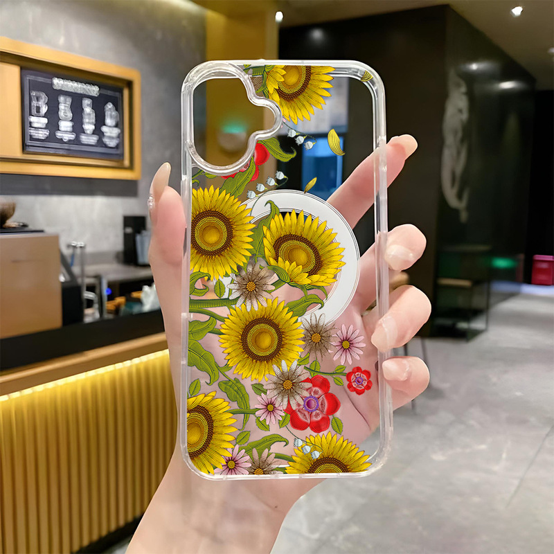 Ins Style Sunflower Mobile Phone Case for Apple 12 Transparent Magsafe Magnetic iPhone 17 Anti-Fall Protective Case 16Pm