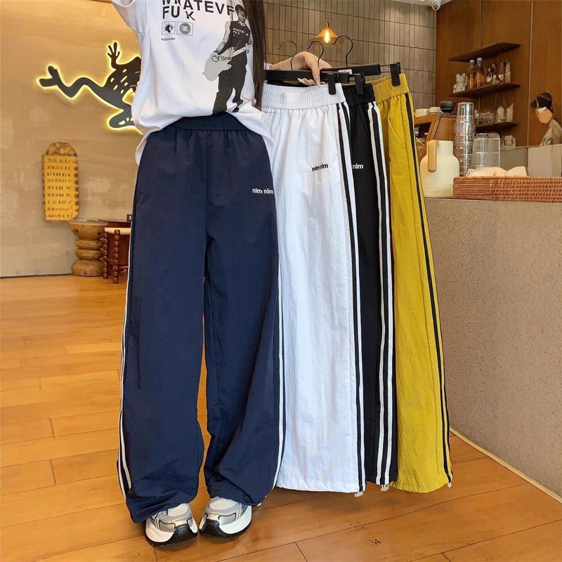 2025新款美式速干运动裤宽松条纹薄款透气休闲阔腿裤女字母长裤|undefined