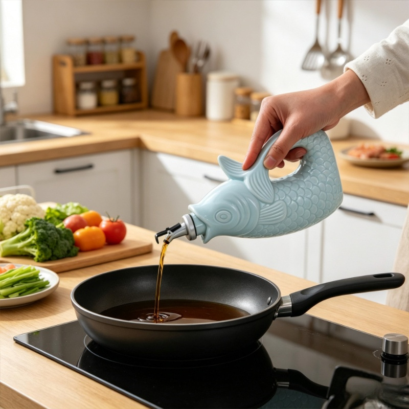 Keramik-Olivenölkanne mit handgemaltem Fischdesign, automatischer Deckel, Sojasauce-Essig-Gewürzflasche für Küche, grenzüberschreitend beliebtes Produkt