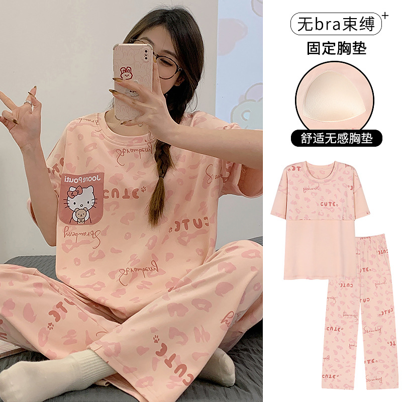 2025 Fashion Braided Camisole Pajamas for Women Summer Pure Cotton Short Sleeve Pants Cute Cartoon Student Summer Set