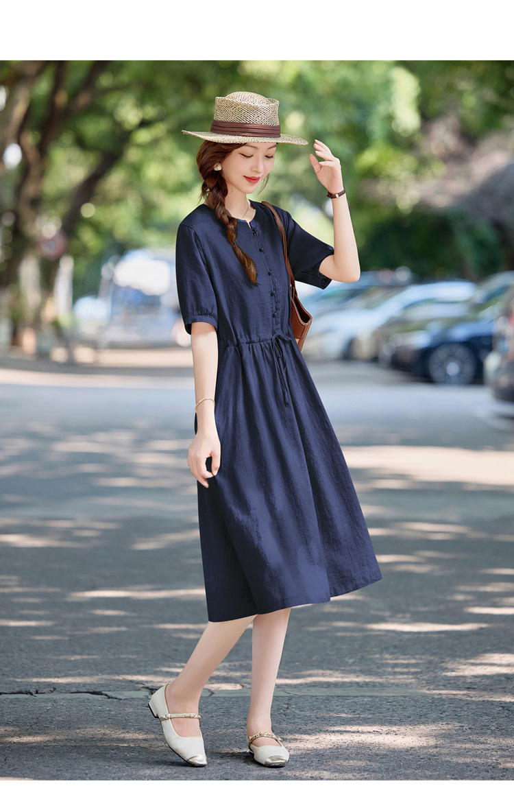 Đầm maxi nữ thắt eo cotton linen 2025 form rộng thanh lịch — màu sắc, Xanh lông mòng đen chi tiết 23