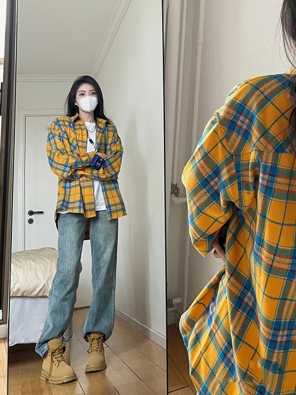 French Yellow Plaid Shirt Women's Summer Cardigan with Loose Long-Sleeved Thin Sun Protection Shirt Jacket Top