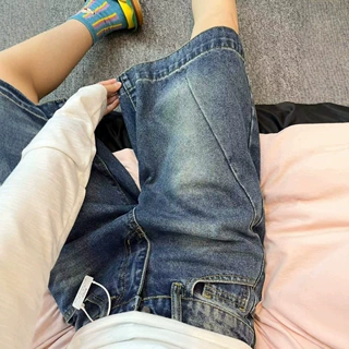 复古设计感牛仔短裤女夏季新款大码胖mm高腰宽松直筒阔腿五分中裤
