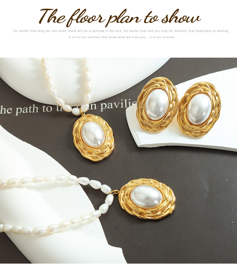 18K Gold Plating Color PVD Coated Real Gold Plated 18K Gold Oval 304 Stainless Steel Retro Waterproof Non Tarnish Earrings Necklace