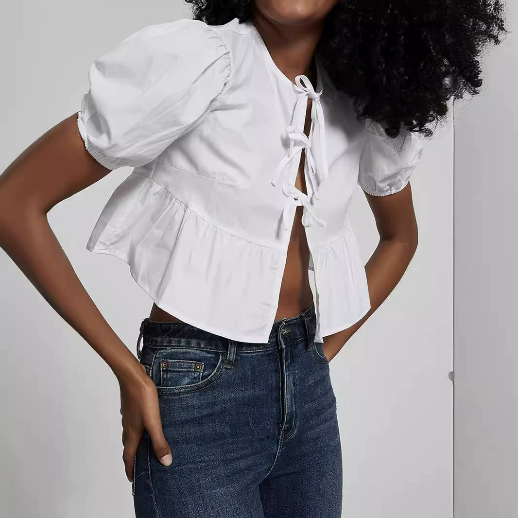 Трансграничная женская оптовая продажа в европейском и американском стиле сладкий бант на шнуровке рубашка с коротким круглым вырезом