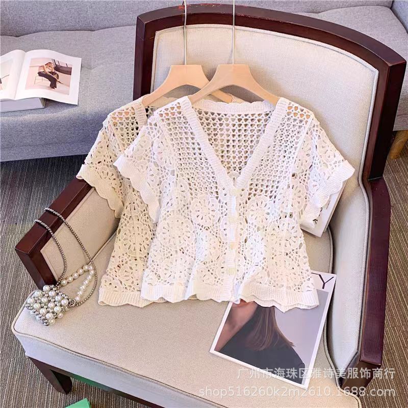 French V-neck Fashion Crochet Hollow Knitted Short-sleeved Cardigan Women's New Stylish All-match Loose Slim Look Trendy Top