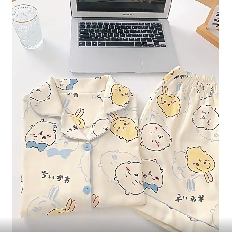 chiikawa Pajamas Women's Summer Cute Cartoon Usaqiji Small Eight Cotton Short-sleeved Home Clothes suit