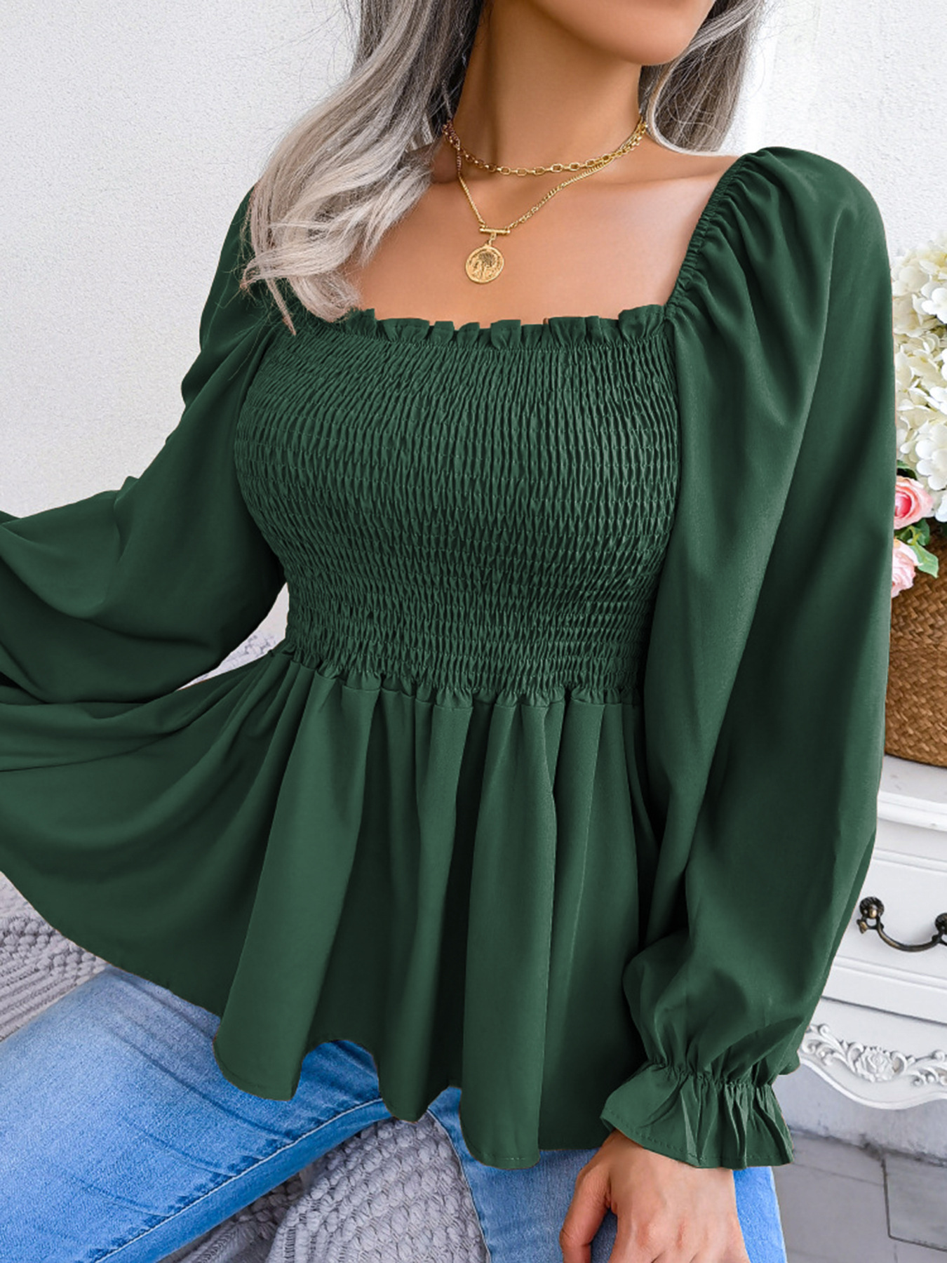 Otoño y invierno europeos y estadounidenses ropa de mujer de tamaño grande cuello cuadrado camiseta de chiffon de manga larga de estilo casual Halloween uso diario