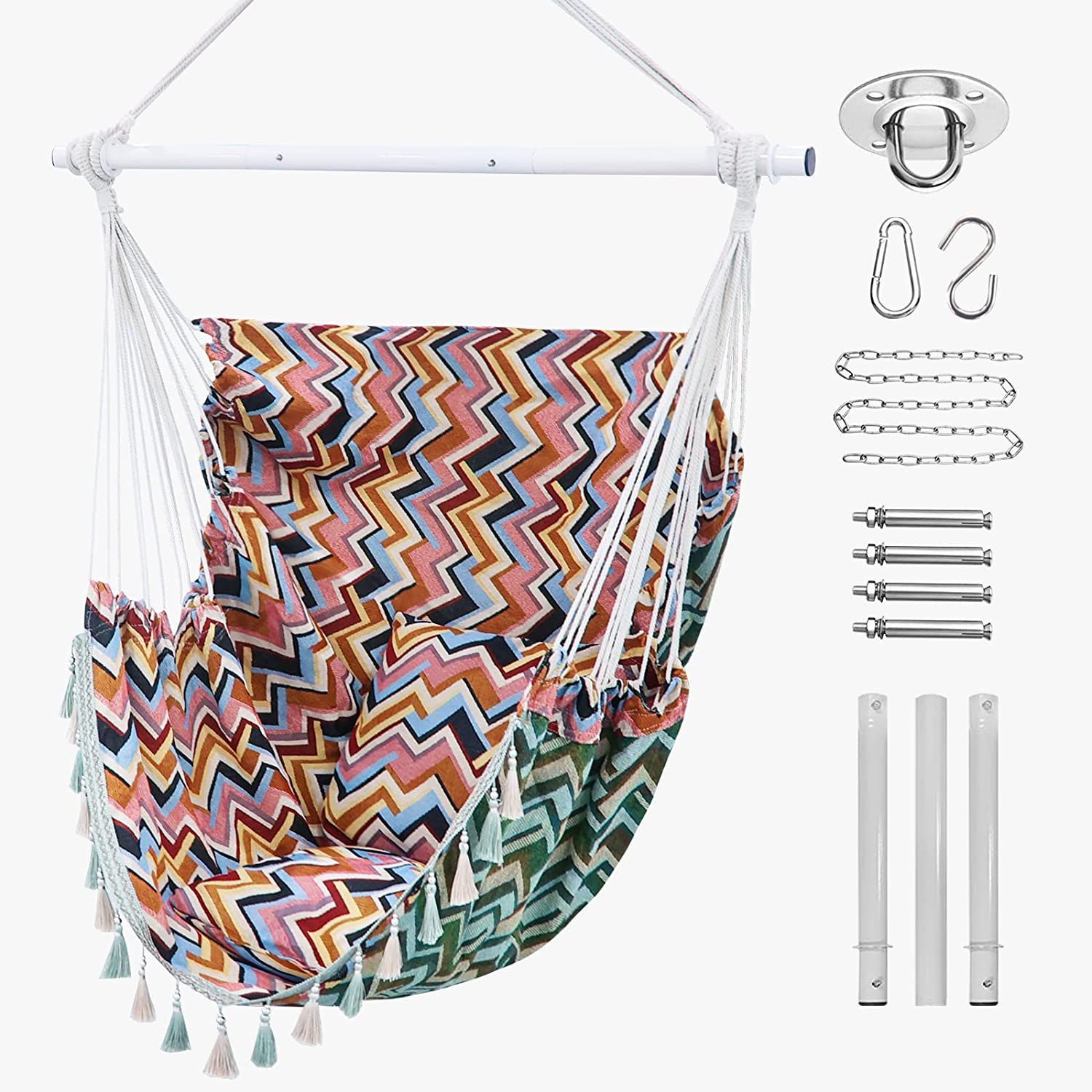 Silla colgante de lona de hierro triple jacquard geométrico aumento swing interior y exterior camping retro borla cesta colgante al por mayor