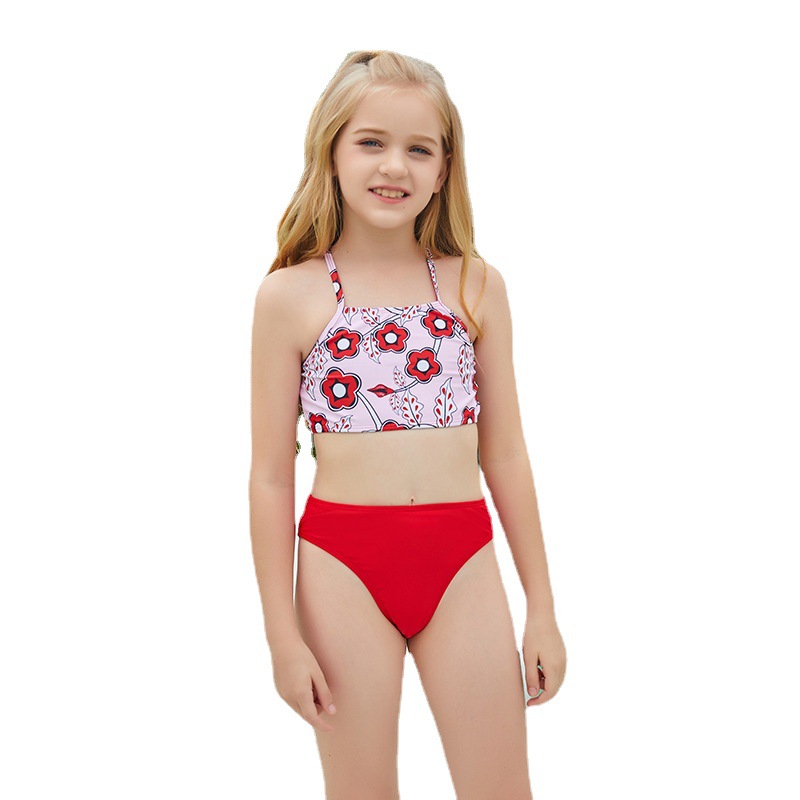 2022年欧美新款儿童三角分体泳衣比基尼跨境吊带露背交叉女童泳衣