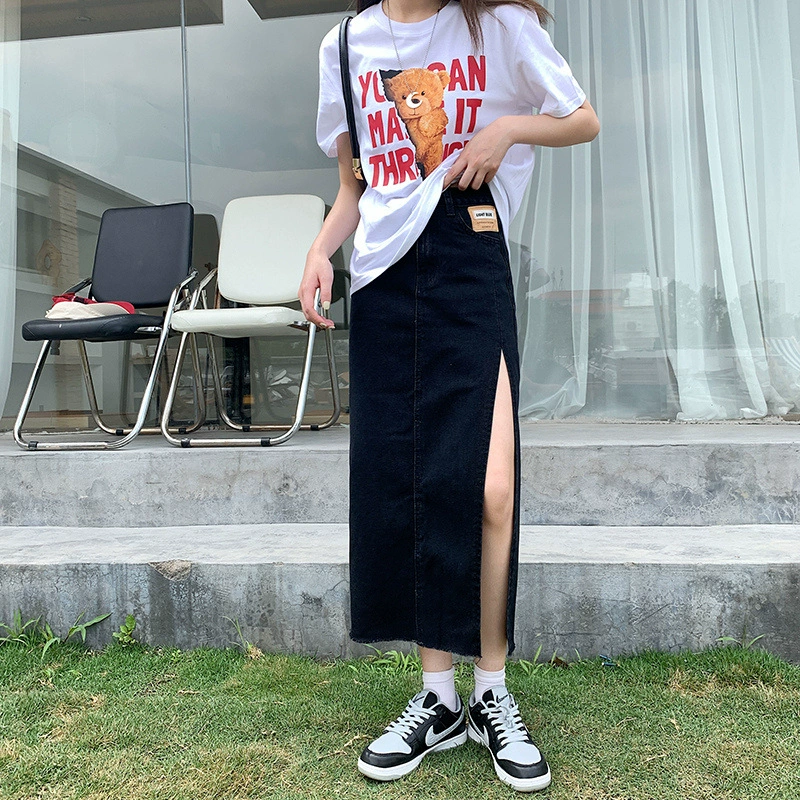 Лето 2021, женская джинсовая юбка в корейском стиле с высокой талией и боковым разрезом, OEM-трапеция, закрывающая бедра, одношаговая юбка средней длины