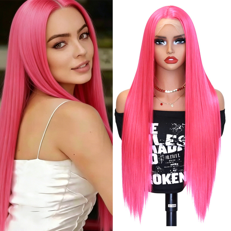 Cross-Border European and American Long Straight Hair Wig for Women 13*4 Front Lace High-Temperature Fiber Cosplay Full Wig Source Factory