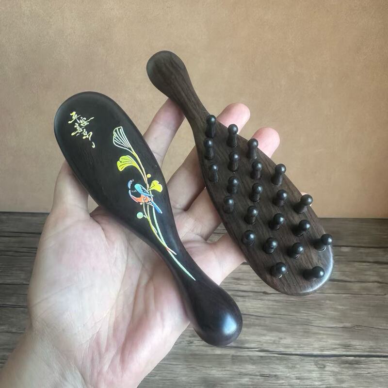 黑檀木按摩梳高级感手工彩绘梳子礼品穴位经络刷头皮肩颈小巧便携|undefined