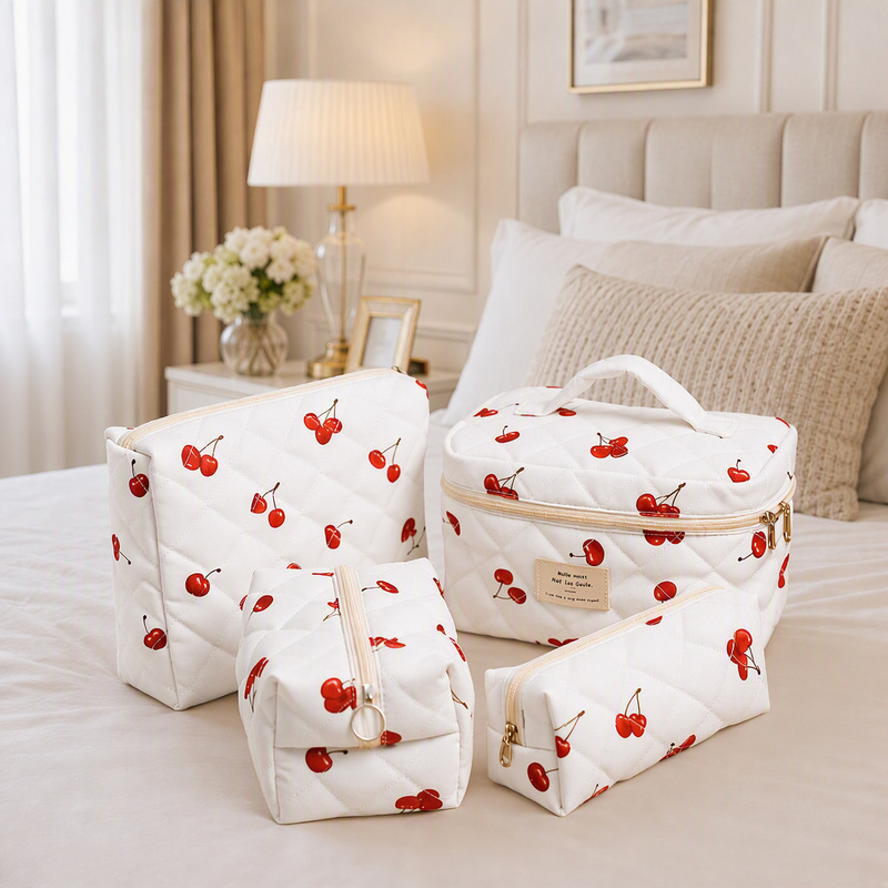 Cherry Quilted Cotton Makeup Bag Three-Piece Set, Large Capacity Toiletry Storage Bag, Portable Cosmetic Bag for Travel