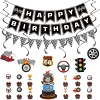04 Black and white racing plaid party set [flag+spiral+cake insert+balloon]