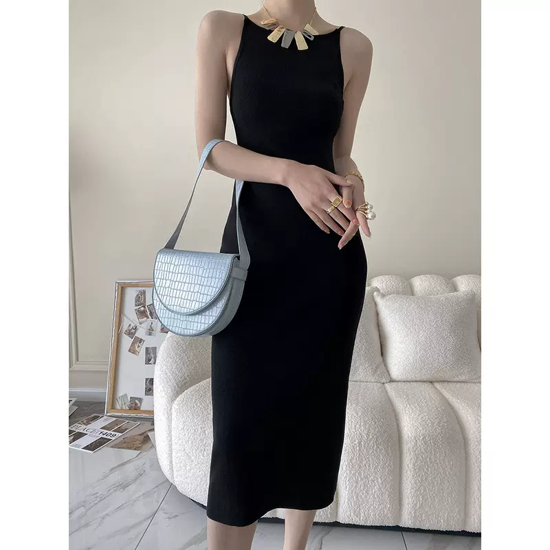 司南 一字领修身针织吊带长裙夏2025新款显瘦露背连衣裙女 SN0348