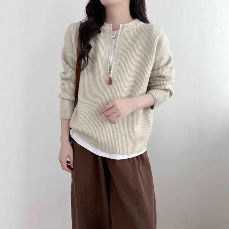 跨境欧美风休闲半拉链圆领套头毛衣女秋冬新款宽松内搭针织衫上衣|undefined