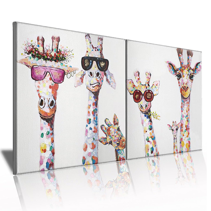 Fun Animal Canvas Wall Decor, Playful Giraffe Family Cartoon Artwork, Framed Painting, Children's Room Gift