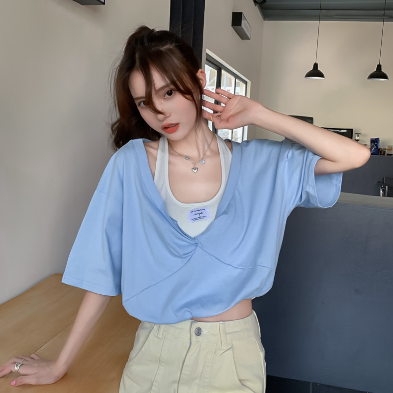 Women's T-shirt Off Shoulder Bubble Sleeve Colour Blocking Top_voghion.com