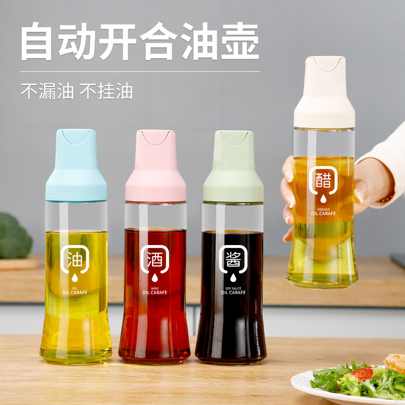 Olla para aceite con apertura y cierre automáticos, juego antiadherente de calidad alimentaria, botellas transparentes para aceite, sal y vinagre para cocina doméstica, antibacterianas y resistentes a la humedad.