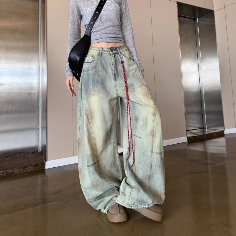 Plus-Size American High Street Tie-Dye Vintage Jeans for Women, Early Autumn New Style, Suitable for Slightly Chubby Figures, Loose High-Waisted Floor-Length Pants