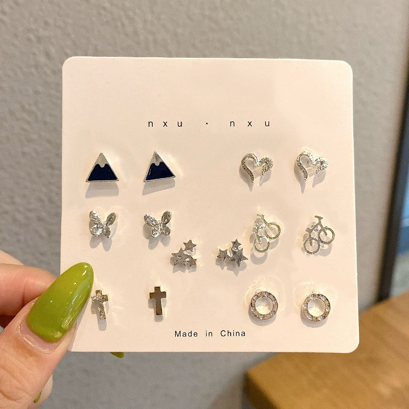 Earrings set, small elegant studs 2–12 pcs, pearl and charming motif designs