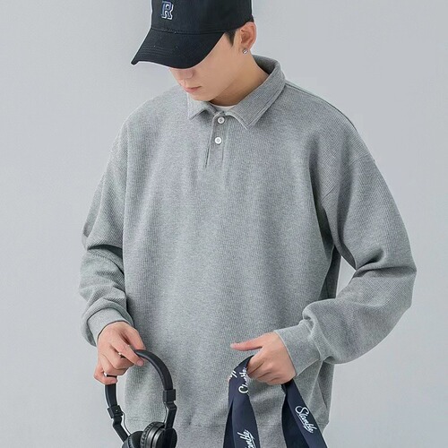 POLO Shirt Hoodie for Men - Spring and Autumn Season, Heavyweight, Japanese Style, Long Sleeve, Trendy Brand, Academic Style, Hong Kong Style, American High Street, Solid Color, Outerwear