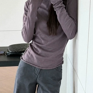 韩系紫色卷边长袖打底衫正肩t恤女早秋内搭雪花棉薄款纸片人上衣