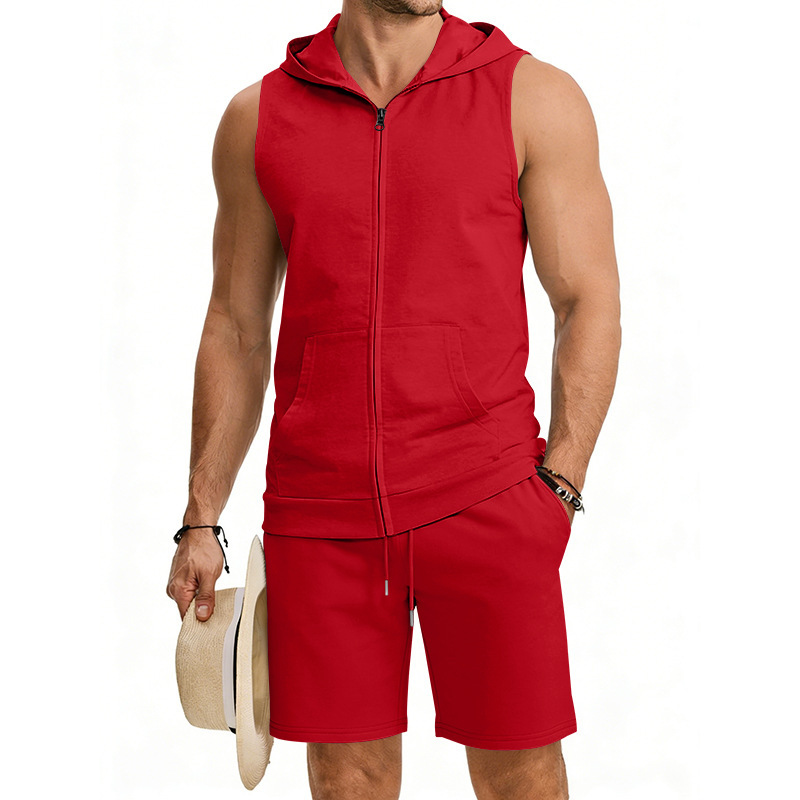 Men's Zip-Front Sleeveless Hoodie And Shorts Set Lightweight Athletic Gym Wear for Summer Workouts And Casual Street Style_viptrois.com