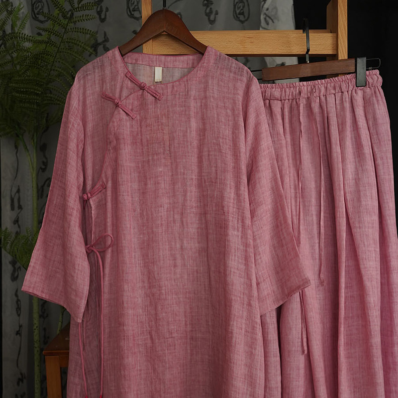 New Style Chinese Fried Color Ramie Contrast Buckle Single Layer Full Side Open Cheongsam Skirt 221362 Skirt