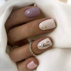 Medium-long pastel purple solid color nail art with ink-wash effect, dried leaves blended with leaf patterns, false nail set, mixed batch nails