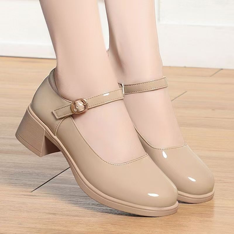 2026 primavera y otoño nuevos zapatos de cuero suave brillante, zapatos de talón grueso y medio cómodos, antideslizantes, zapatos de cabeza redonda superficiales