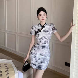 性感风改良旗袍款褶皱扎染三粒盘扣连衣裙女夏季收腰包臀短裙跨境