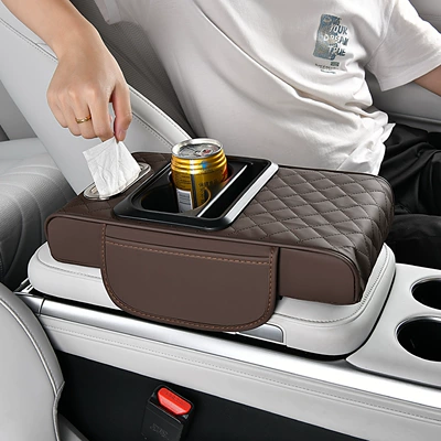 Car Armrest Box Pad, Booster Armrest box - quilted-embroidery-style-brown-coffee-color