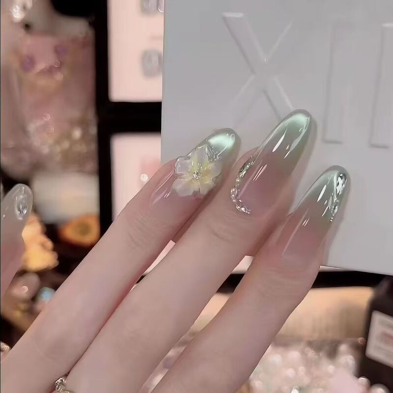 【Frozen Jasmine】Cat's Eye Carved Flower Handmade Wearable Nails Mint Gradient French Manicure High-End Fake Nail Stickers 【Frozen Jasmine】Cat's Eye Carved Flower Handmade Wearable Nails Mint Gradient French Manicure High-End Fake Nail Stickers